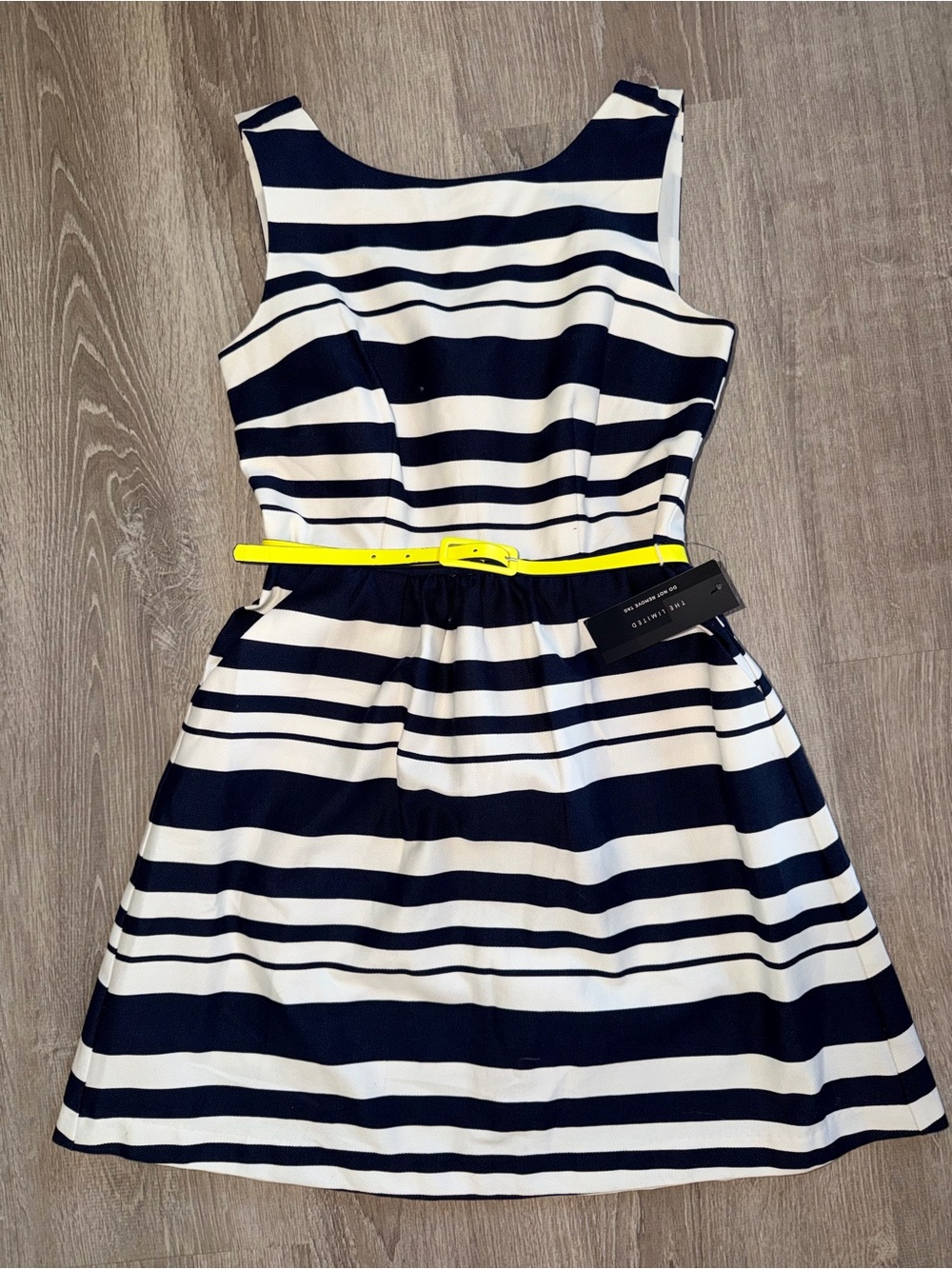 The Limited Navy and White Striped Sleeveless Dress with Neon Yellow Belt